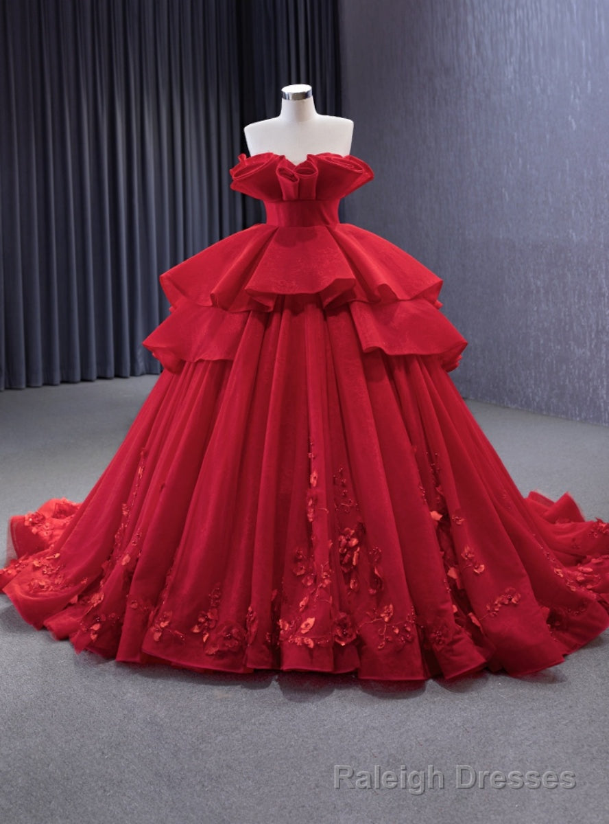 Red Ball Gown Tulle Strapless 3D Flower Prom Dress Main image