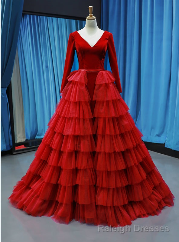 Red Ball Gown Tulle Velvet Long Sleeve V-neck Haute Couture Prom Dress Main image