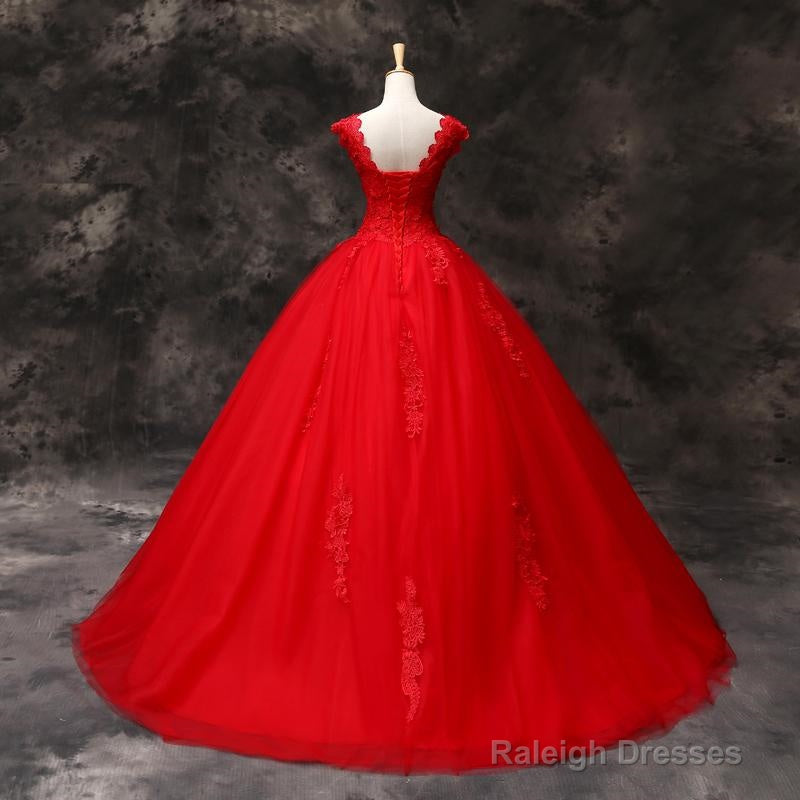 Red Ball Gown Wedding Dresses Lace Tulle Sweet 16 Dresses