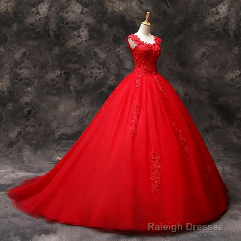 Red Ball Gown Wedding Dresses Lace Tulle Sweet 16 Dresses