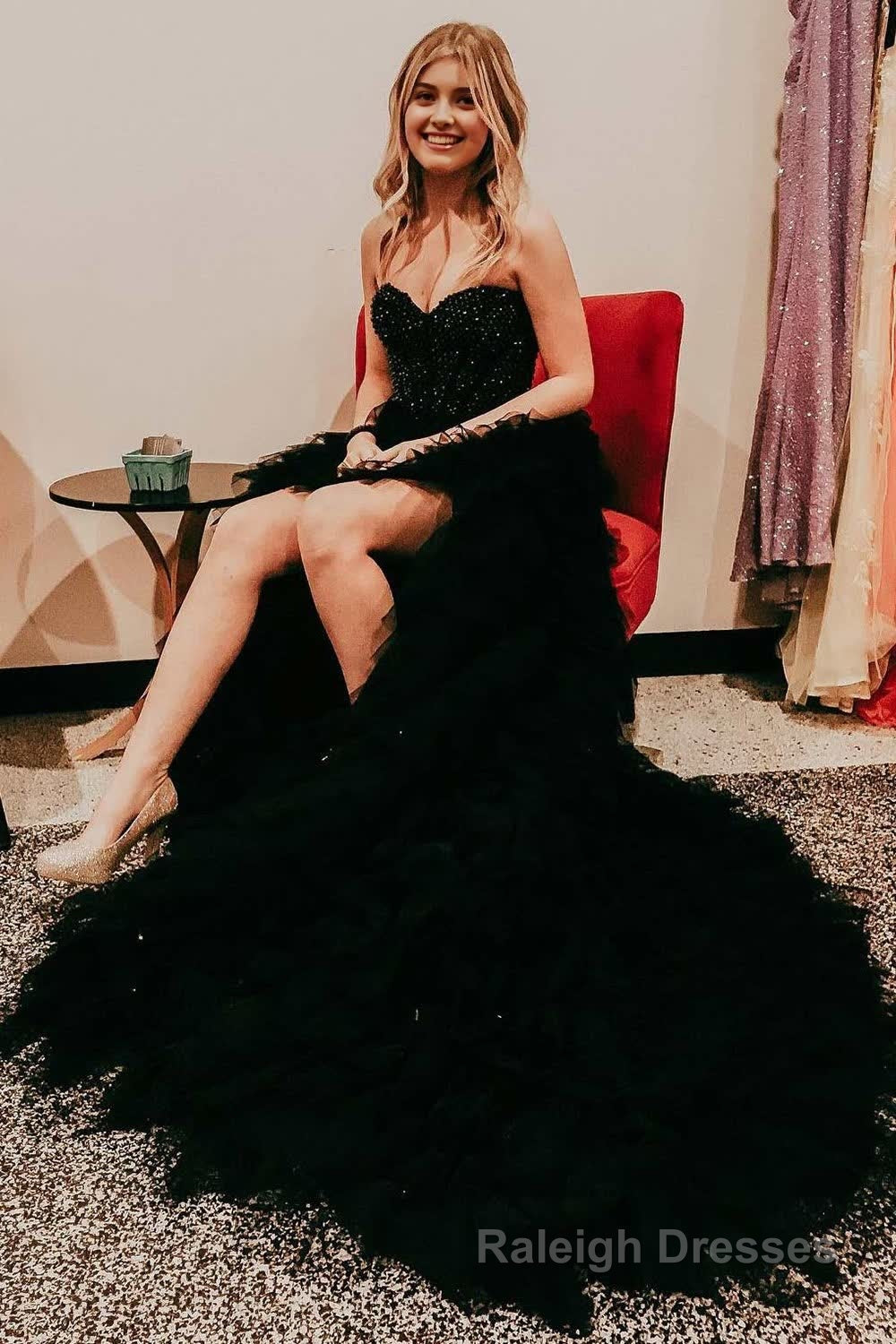 Red Beaded A-Line Tiered High Low Prom Homecoming Dress