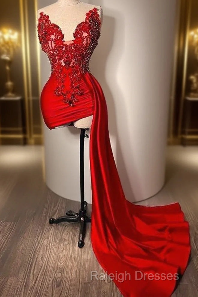 Red Beaded Appliques With Train Prom Dresses拢卢Sweetheart Mini Cocktail Evening Dress