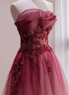 Red Beaded Gradient Tulle Long Prom Dresses A-Line Elegant Lace-Up Prom Dresses