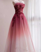 Red Beaded Gradient Tulle Long Prom Dresses A-Line Elegant Lace-Up Prom Dresses