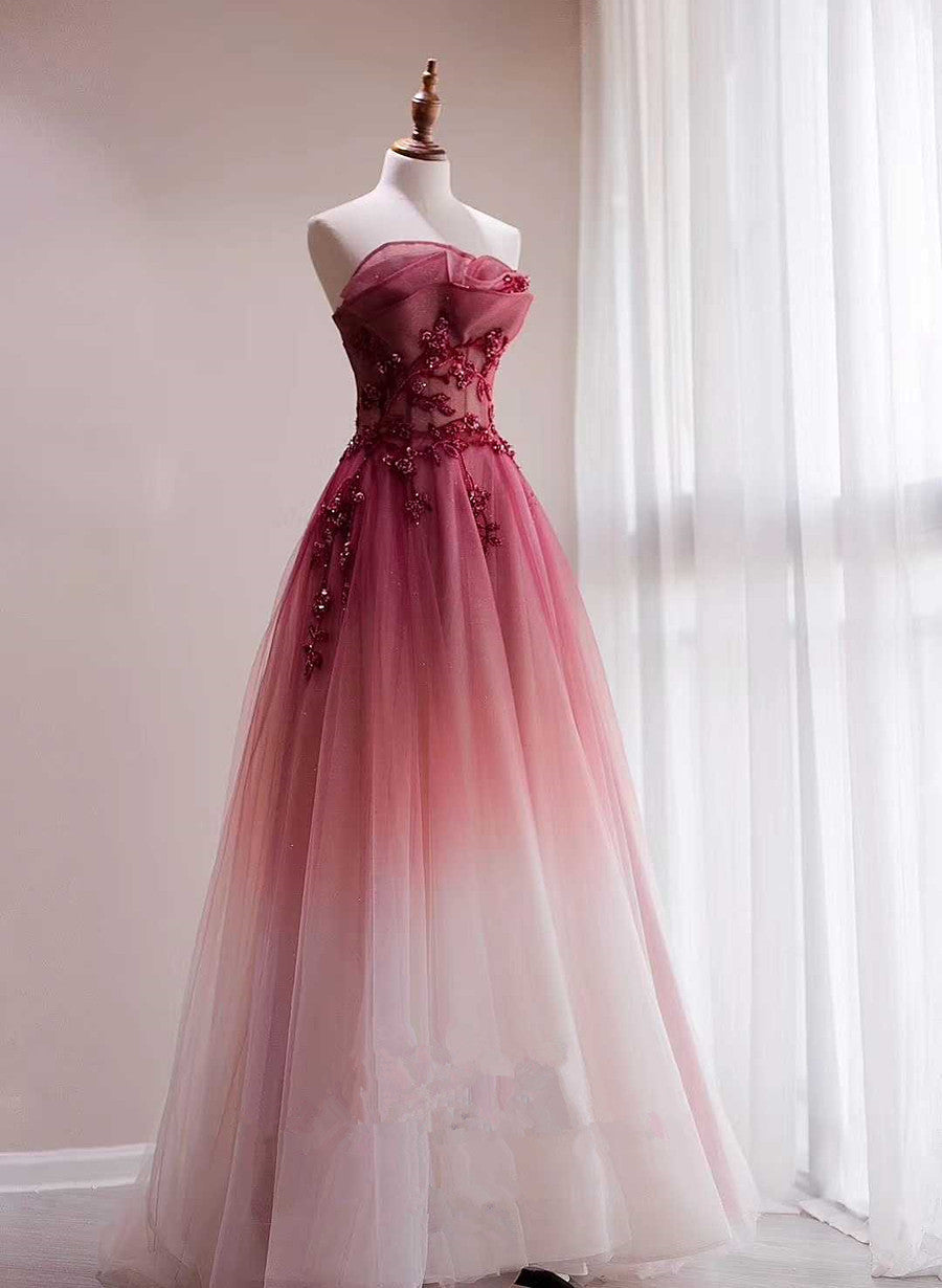Red Beaded Gradient Tulle Long Prom Dresses A-Line Elegant Lace-Up Prom Dresses