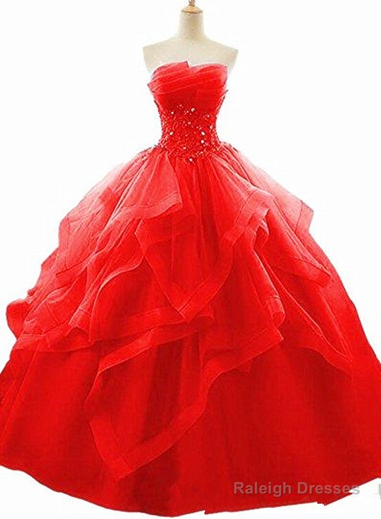 Red Beaded Lacesweet 16 Ball Gowns Layers Prom Dresseses Prom Gown Red Lace Prom Dress Main image