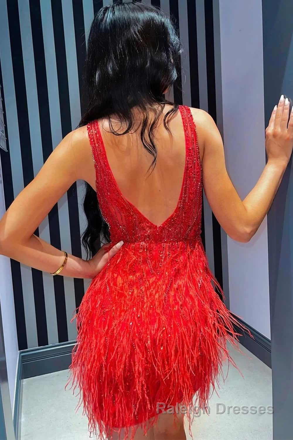 Red Beaded Sequins Tight Homecoming Dress with Feathers Secondary image