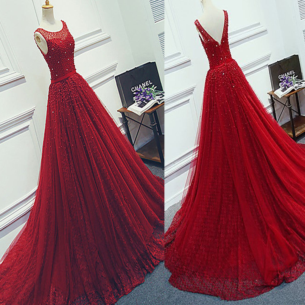 Red Beading Sparkly Unique Ball Gown Round Neck Formal Elegant Long Formal Prom Dress Secondary image