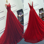 Red Beading Sparkly Unique Ball Gown Round Neck Formal Elegant Long Formal Prom Dress