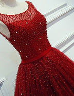 Red Beading Sparkly Unique Ball Gown Round Neck Formal Elegant Long Formal Prom Dress