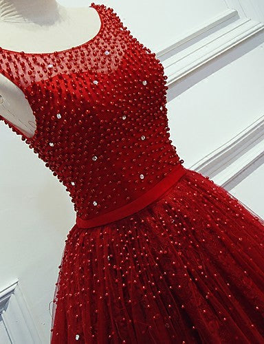 Red Beading Sparkly Unique Ball Gown Round Neck Formal Elegant Long Formal Prom Dress