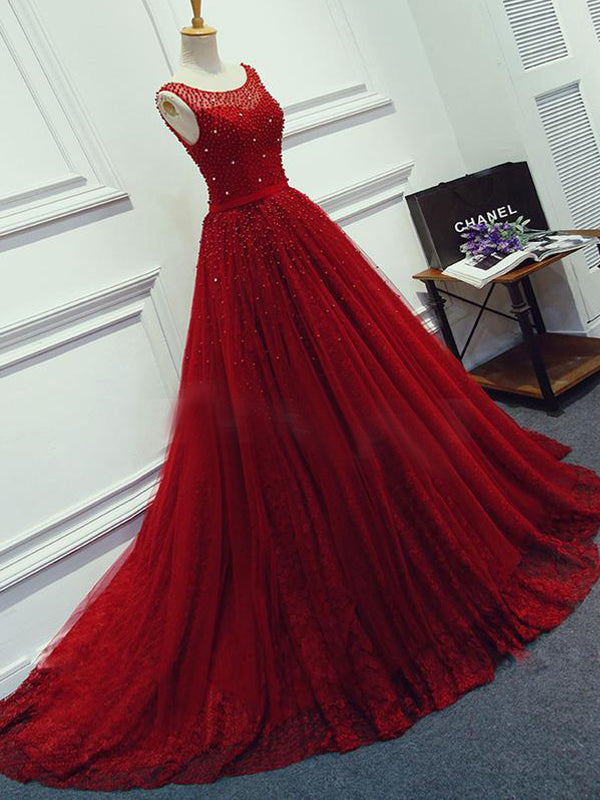 Red Beading Sparkly Unique Ball Gown Round Neck Formal Elegant Long Formal Prom Dress