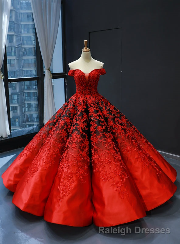 Red Black Ball Gown Satin Appliques Off the Shoulder Quinceanera Dresses Main image