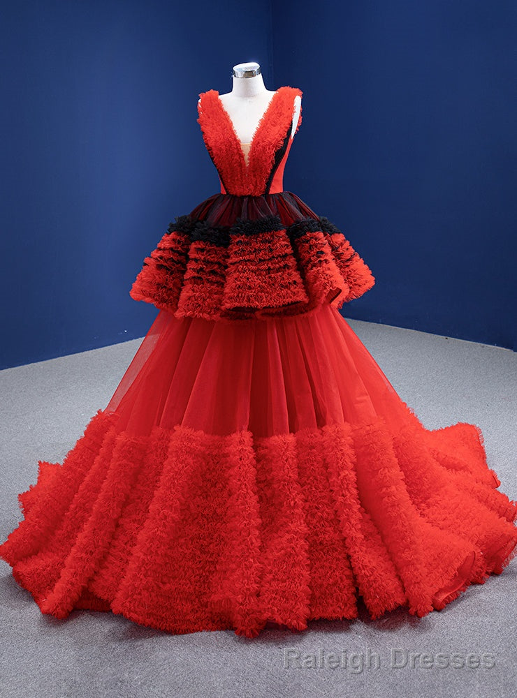 Red Black Tulle V-neck Sleeveless Prom Dress Main image
