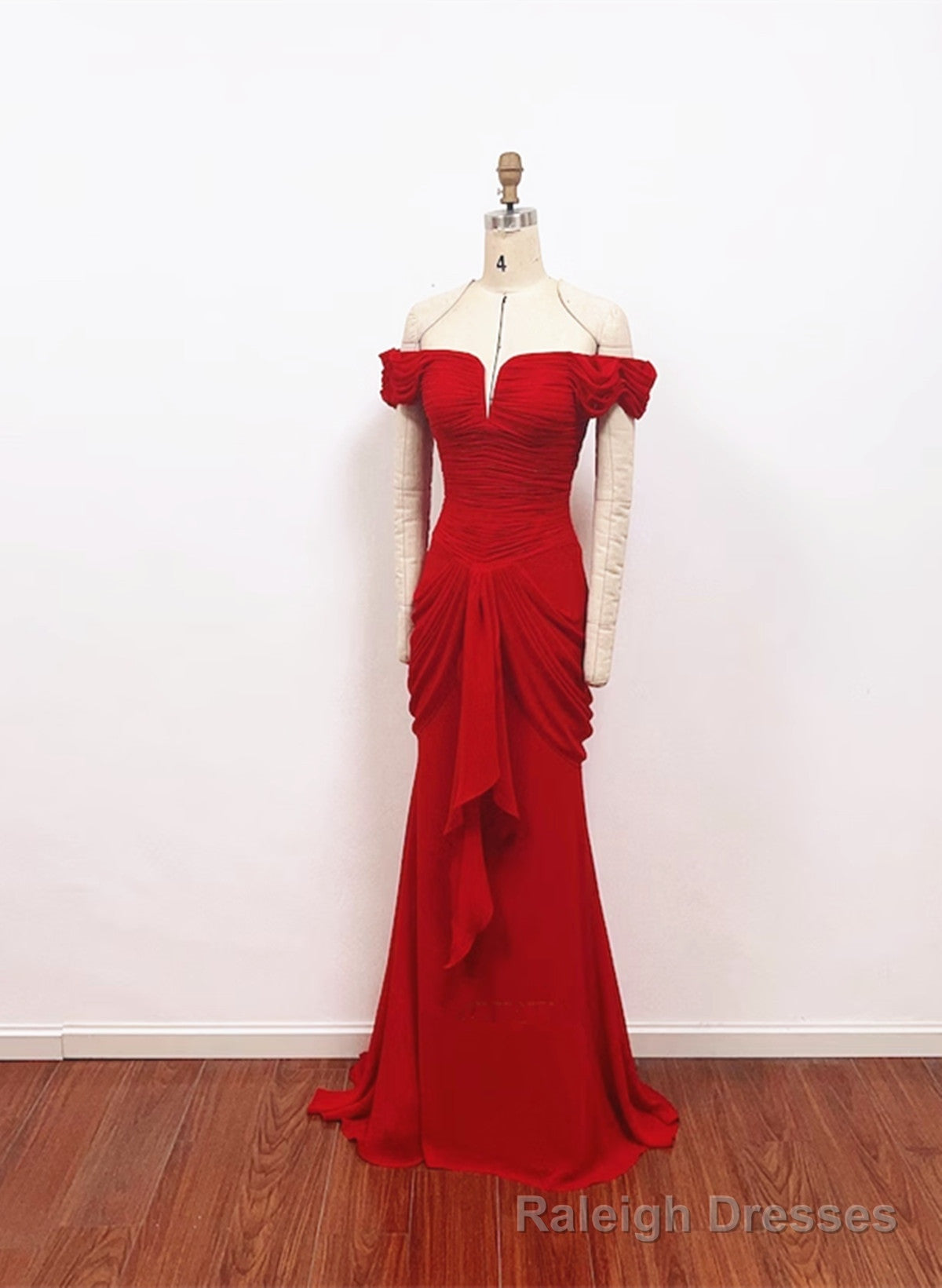 Red Chiffon Mermaid Off Shoulder Wedding Party Dress, Red Long Formal Dress Secondary image
