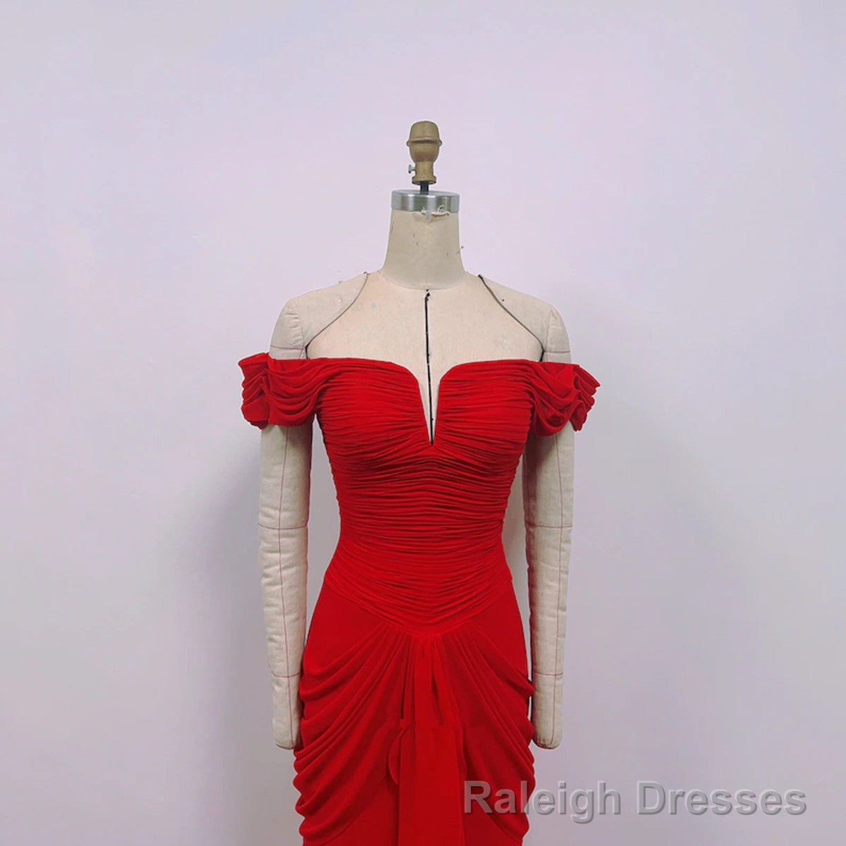 Red Chiffon Mermaid Off Shoulder Wedding Prom Dress, Red Long Formal Dress
