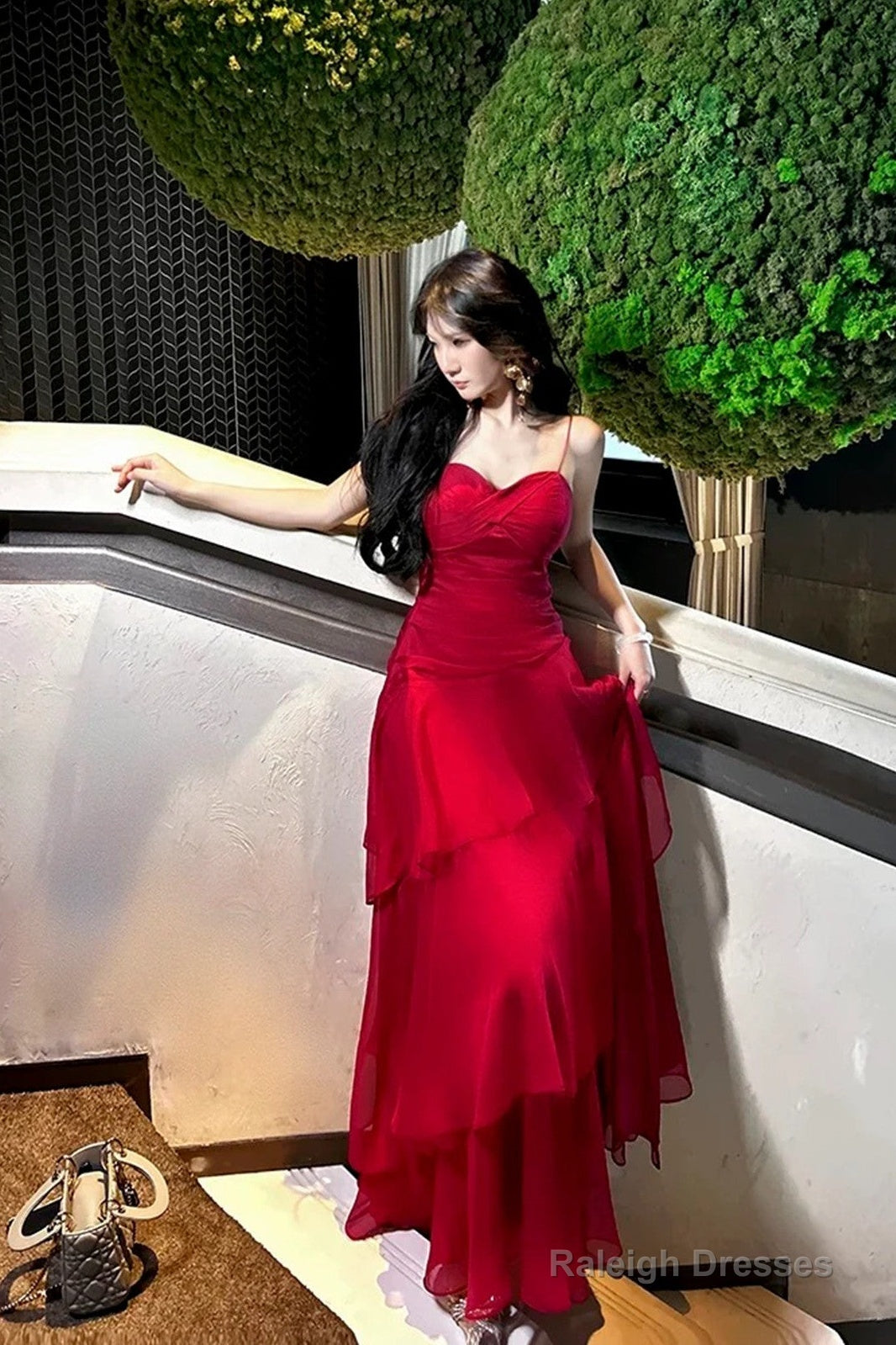 Red Chiffon Sweetheart Sheath Spaghetti Straps Party Dress, Red Layers Prom Dress Secondary image