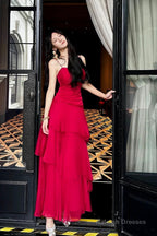 Red Chiffon Sweetheart Sheath Spaghetti Straps Party Dress, Red Layers Prom Dress