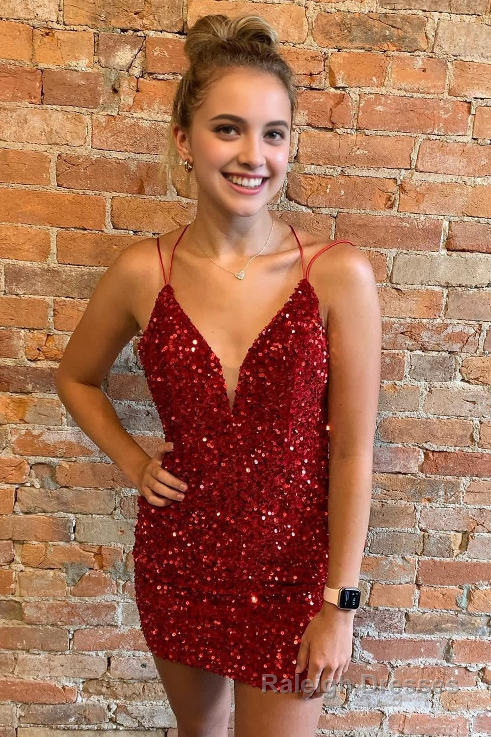 Red Criss-Cross Straps Sequins Tight Short Hoco Dress