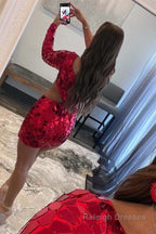 Red Cut Glass Mirror One-Sleeve Cutout Short Cocktail Gown