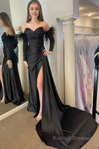 Red Detachable Long Sleeves Long Prom Dress with Feathers