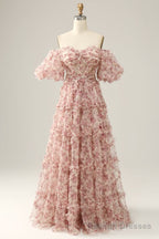 Red Floral Off the Shoulder Long Prom Dress