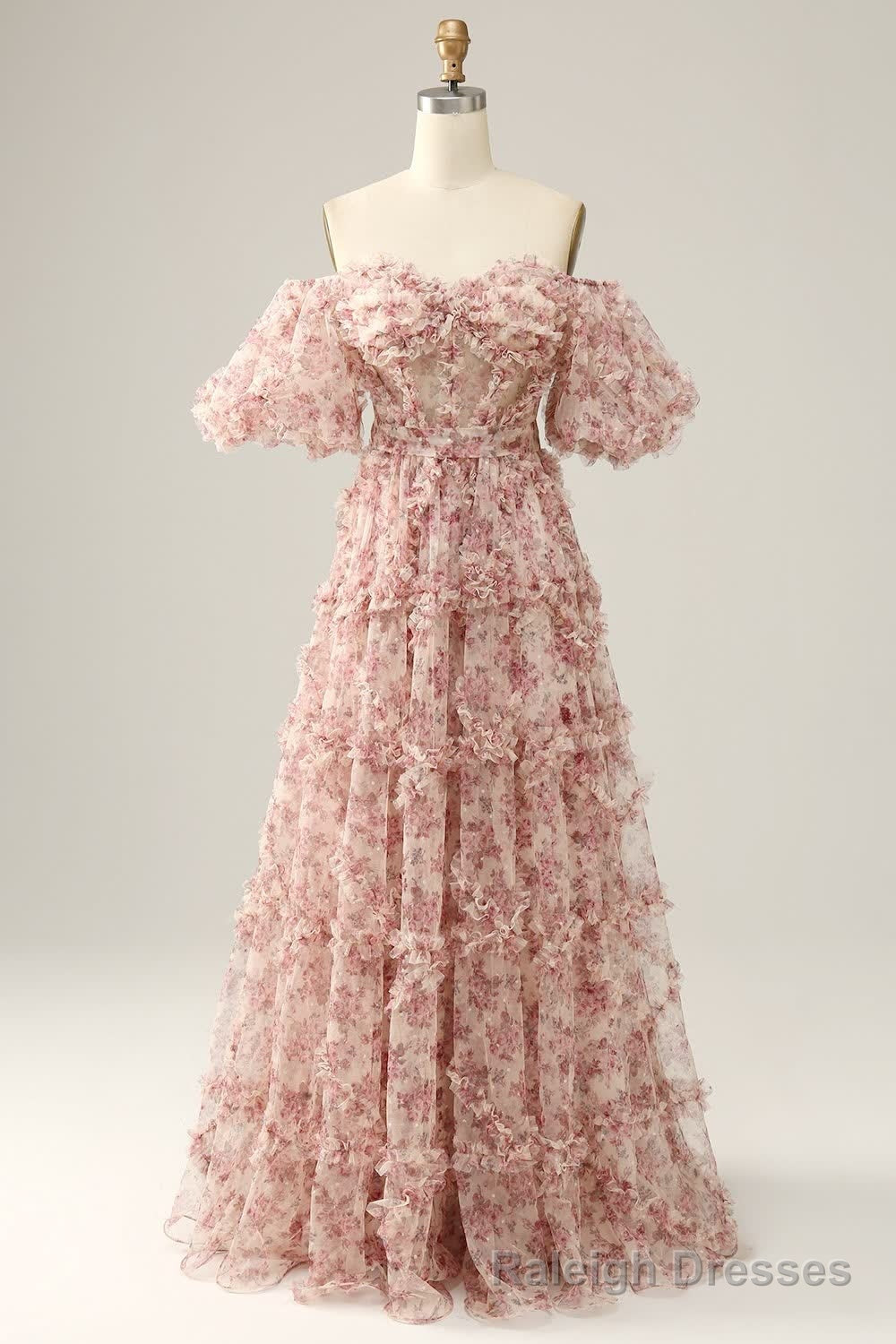 Red Floral Off the Shoulder Long Prom Dress