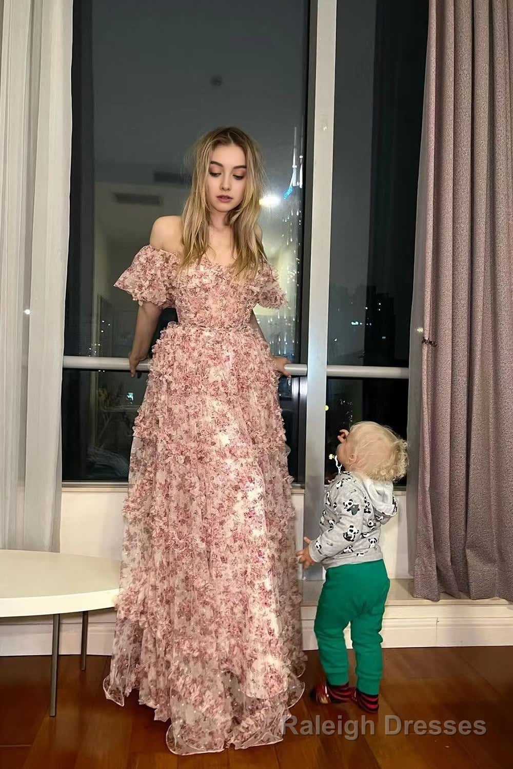 Red Floral Off the Shoulder Long Prom Dress Main image