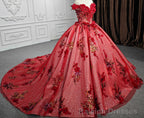 Red Flower  Off-the-Shoulder Quinceaera Dress