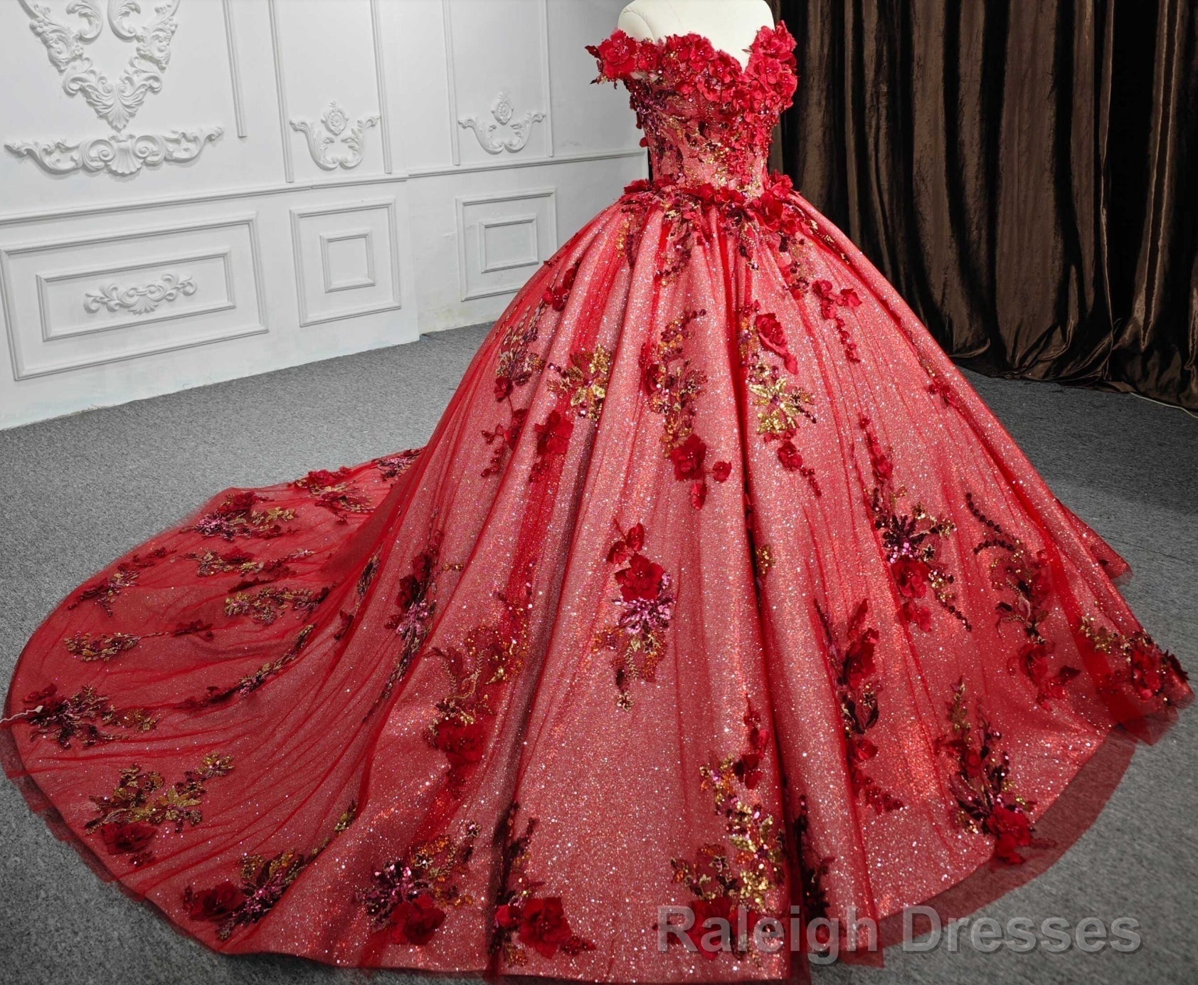 Red Flower  Off-the-Shoulder Quinceaera Dress