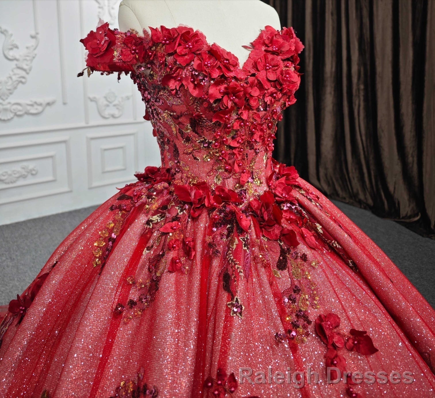Red Flower  Off-the-Shoulder Quinceaera Dress