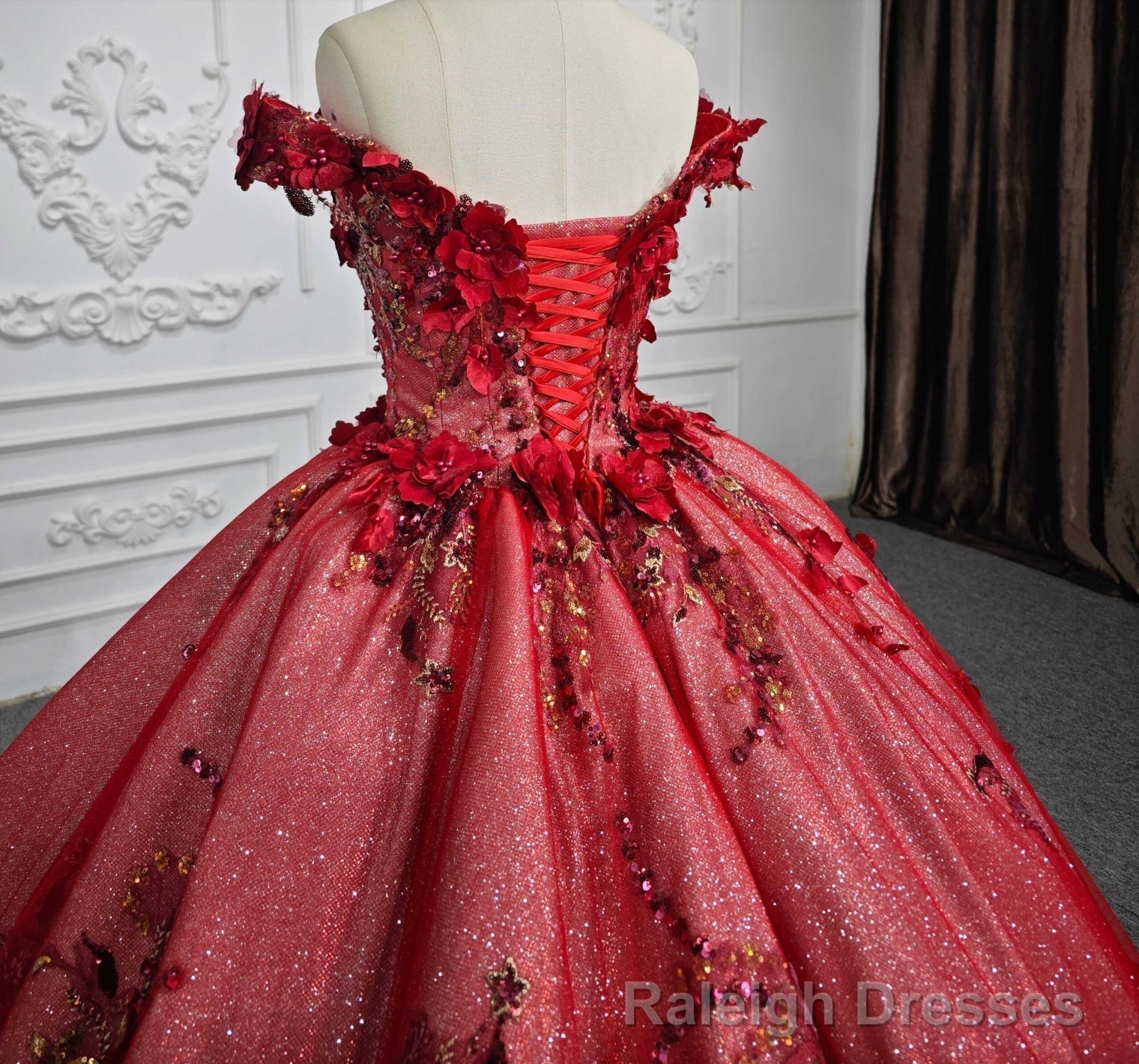 Red Flower  Off-the-Shoulder Quinceaera Dress