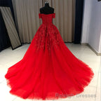 Red Gorgeous Sweetheart Off Shoulder Lace Applique Ball Gowns Prom Dress, Red Prom Dress