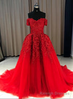 Red Gorgeous Sweetheart Off Shoulder Lace Applique Ball Gowns Prom Dress, Red Prom Dress