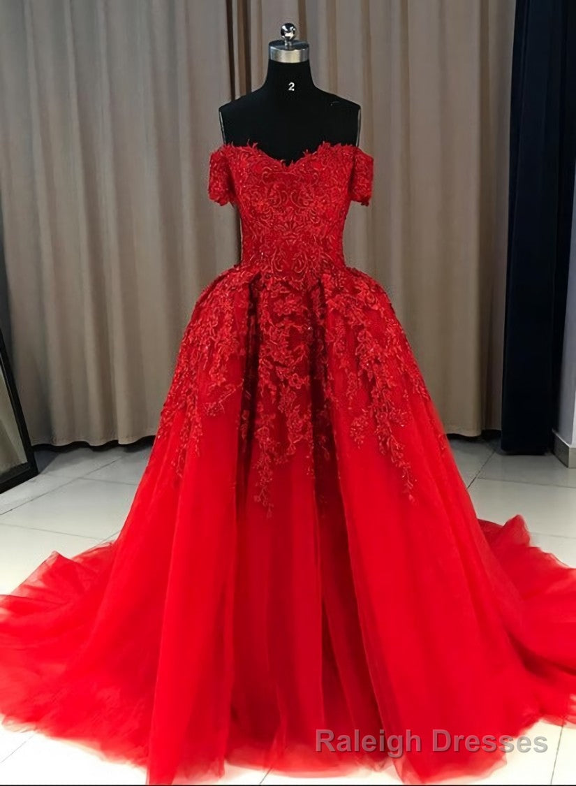 Red Gorgeous Sweetheart Off Shoulder Lace Applique Ball Gowns Prom Dress, Red Prom Dress
