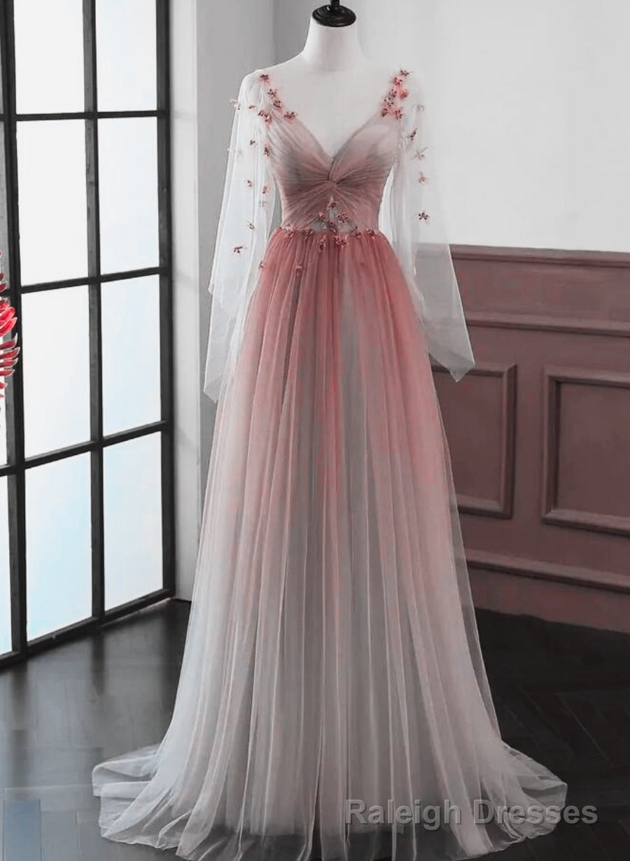 Red Gradient A Line Tulle with Lace Prom Dress, Red Floor Length Prom Dress Main image