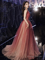 Red Gradient Beaded Beautiful Shiny Tulle Prom Dress, Long A-Line Formal Dress