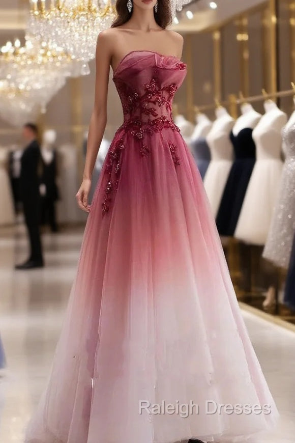 Red Gradient Prom Dress Vintage Wedding Dress Red Strapless Prom Dress With Beaded Bridal Dress Main image