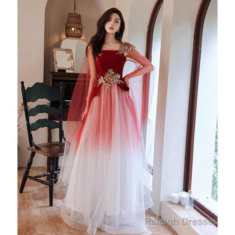 Red Gradient Tulle With Flowers Long Wedding Party Dress, Red Formal Dress Secondary image