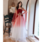 Red Gradient Tulle With Flowers Long Wedding Party Dress, Red Formal Dress
