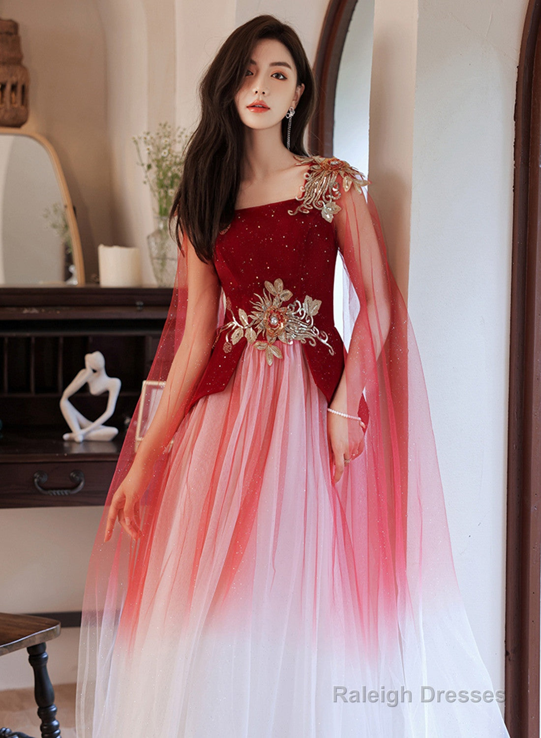 Red Gradient Tulle With Flowers Long Wedding Party Dress, Red Formal Dress Main image