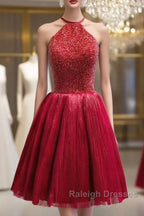 Red Halter Beaded Short Prom Dresses Beaded And Sequined Prom Dresses Homecoming Dress