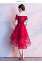 Red High Low Lace Flowers Tulle Off Shoulder Prom Dresses Red Prom Dresses