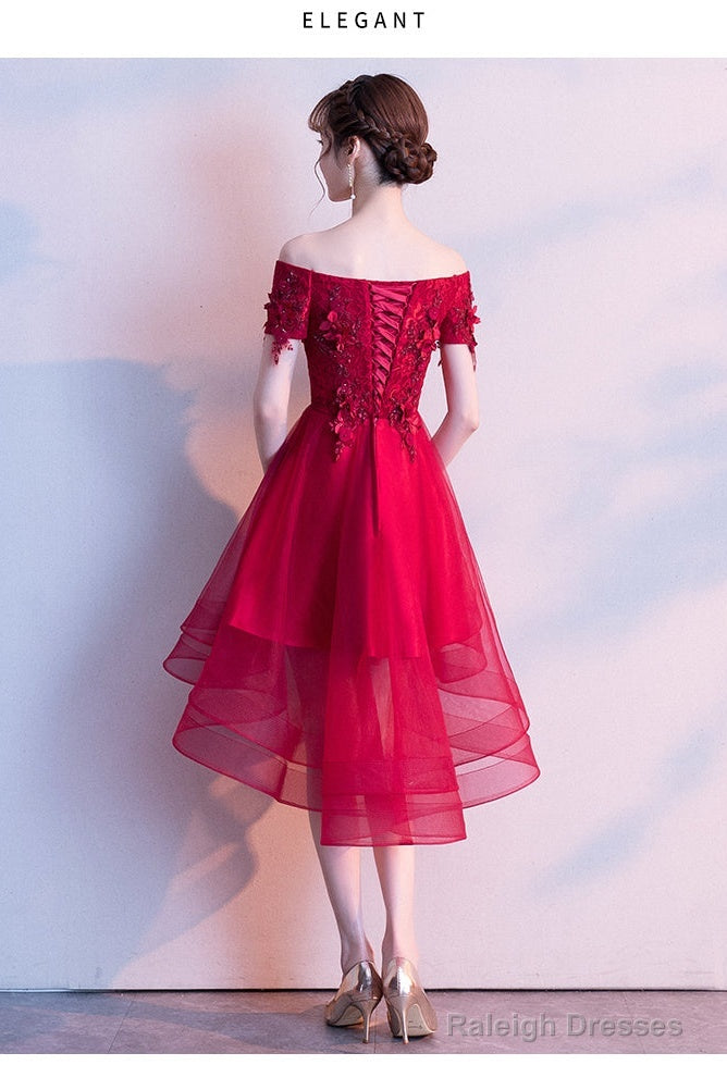Red High Low Lace Flowers Tulle Off Shoulder Prom Dresses Red Prom Dresses