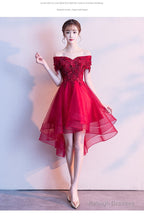 Red High Low Lace Flowers Tulle Off Shoulder Prom Dresses Red Prom Dresses