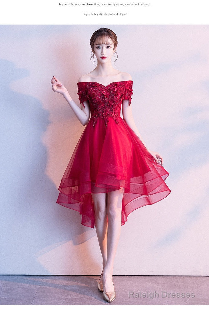 Red High Low Lace Flowers Tulle Off Shoulder Prom Dresses Red Prom Dresses