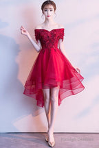 Red High Low Lace Flowers Tulle Off Shoulder Prom Dresses Red Prom Dresses