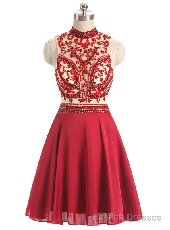 Red High Neck Chiffon Beading Crystal Homecoming Dress Main image