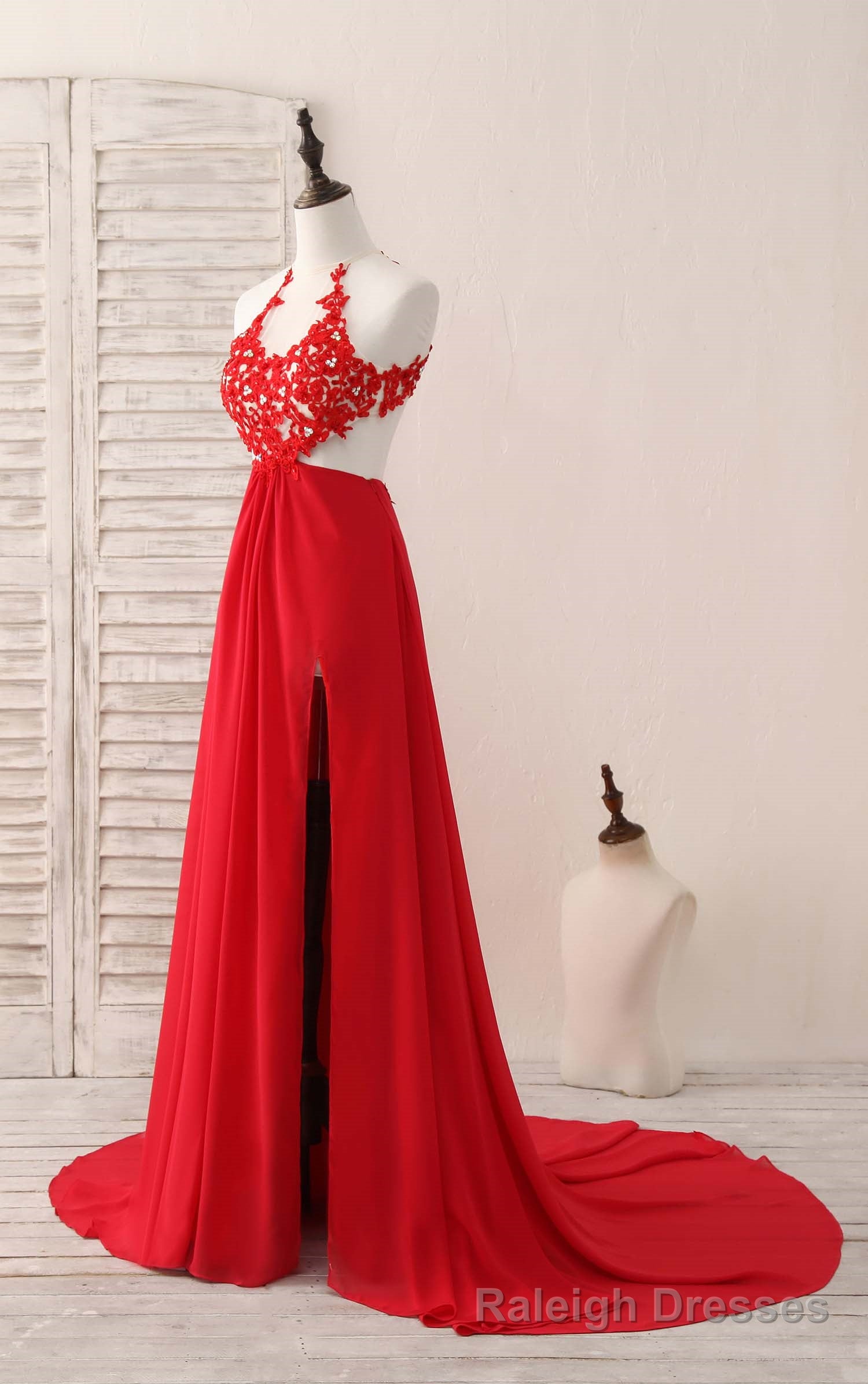 Red Hight Neck Chiffon Lace Applique Long Prom Dress, Red Formal Dress Secondary image