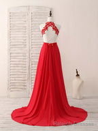 Red Hight Neck Chiffon Lace Applique Long Prom Dress, Red Formal Dress